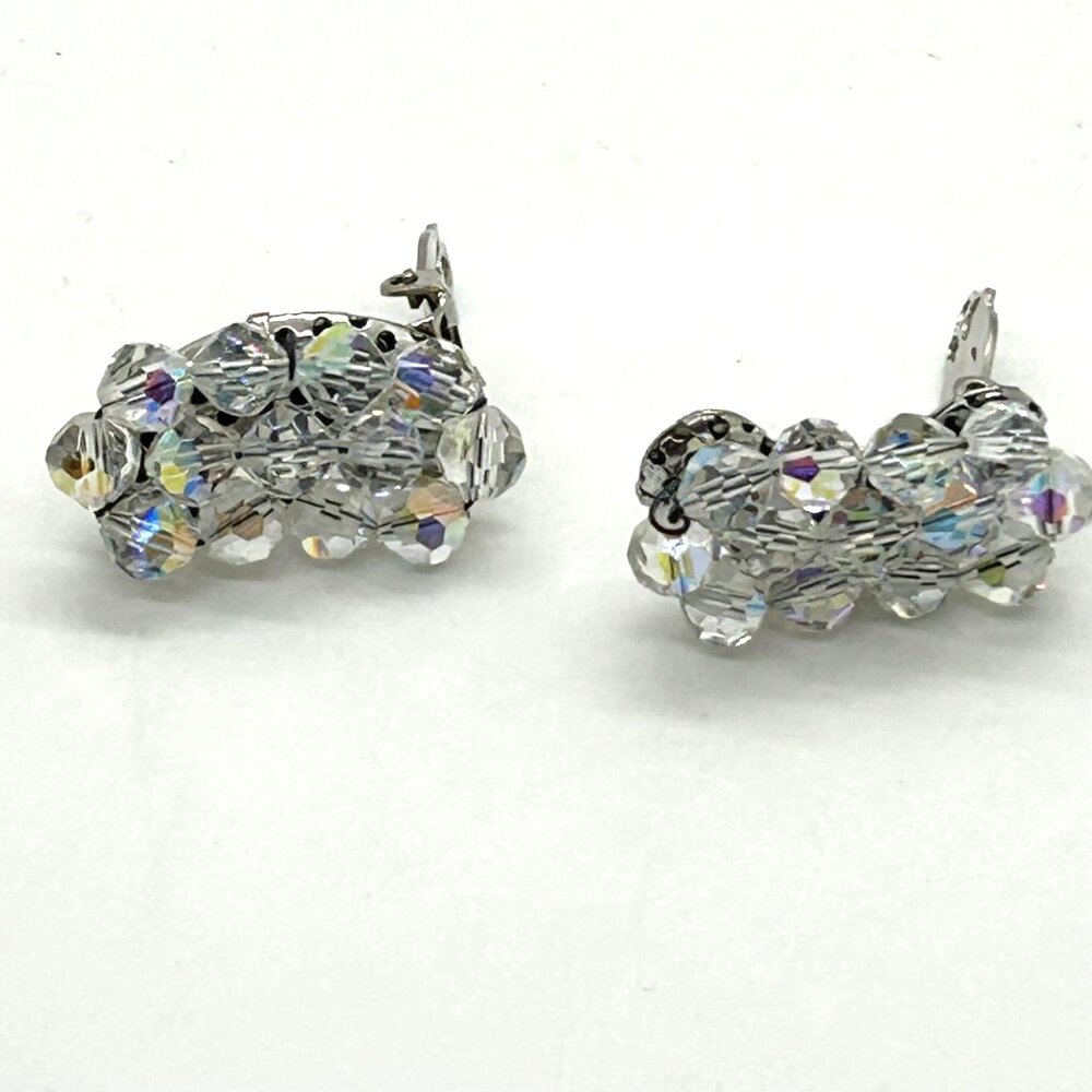 Vintage Aurora Borealis Beaded Clip-On Ear Climbers Elegant Bridal Prom Retro - Picture 7 of 9
